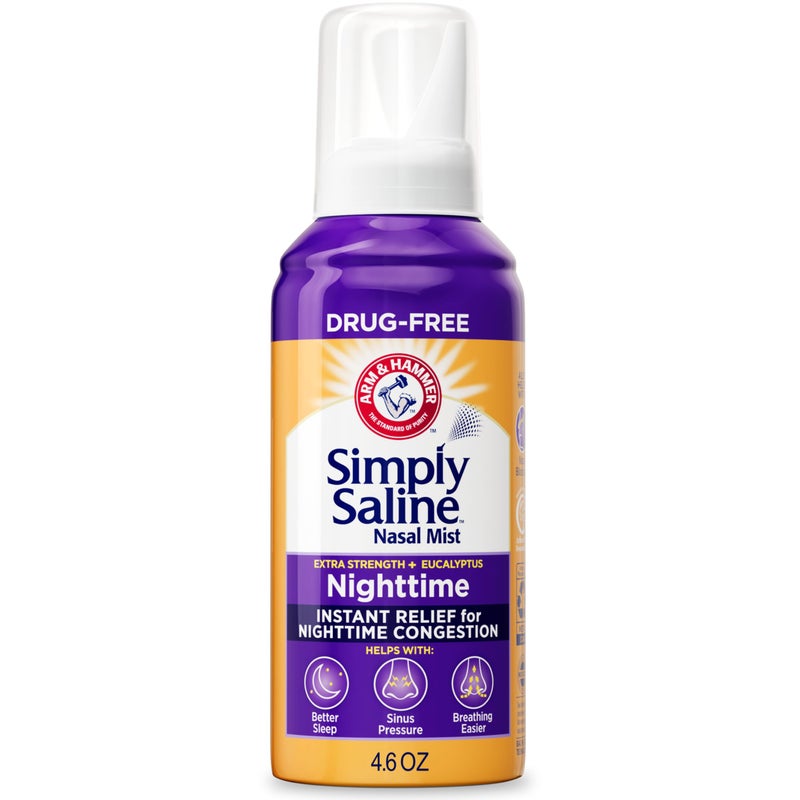 ARM HAMMER Simply Saline Nighttime DrugFree Mist for Nasal Congestion at Night Extra Strength Calming Eucalyptus Safe to Use with Rx and OTC For Adults and Kids Ages 2 46 oz 129 g